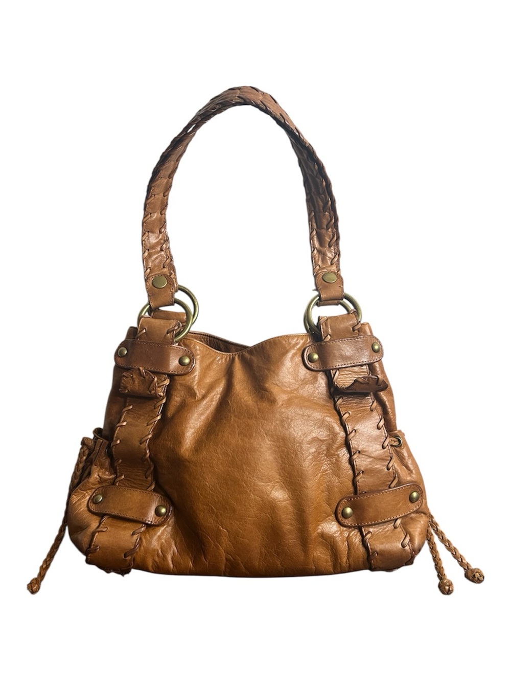 Kooba Sienna Cognac Braided-Handle Leather Shoulder Bag whipstitch. 14x 10x6